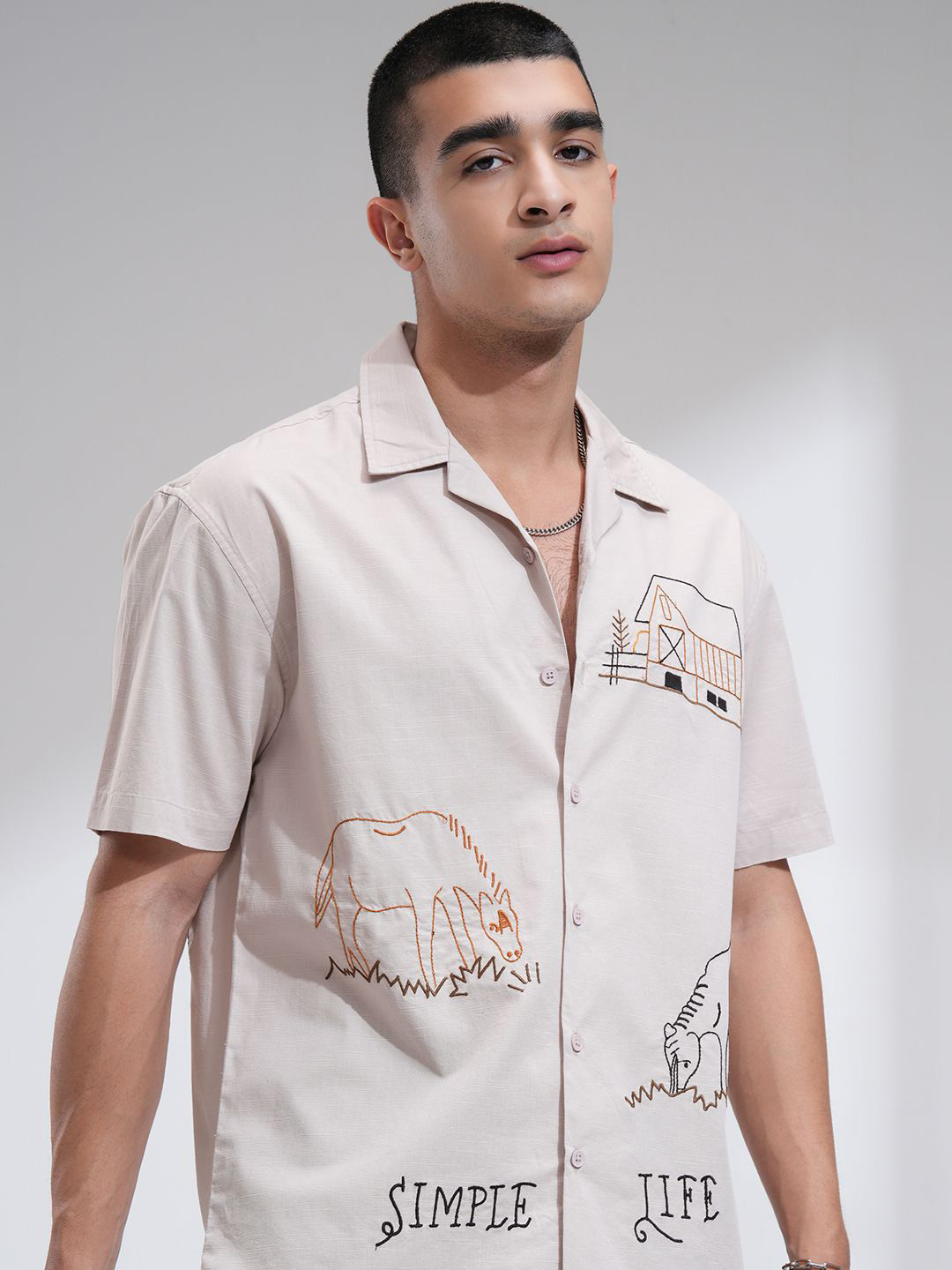 HIGHLANDER Men Embroidered Placement Patterned Cuban Collar Relaxed Shirt