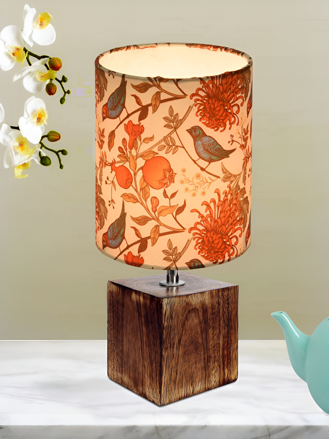 Homesake Beige & Red Bird Printed Cylindrical Shaped Wooden Table Lamp With Antique Base