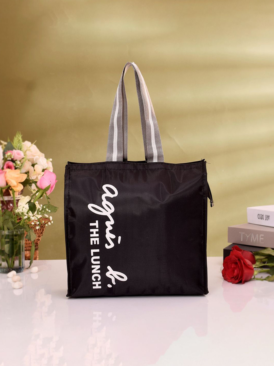 Kuber Industries Typography Printed Waterproof Lunch Bag With Handle & Zipper For Office