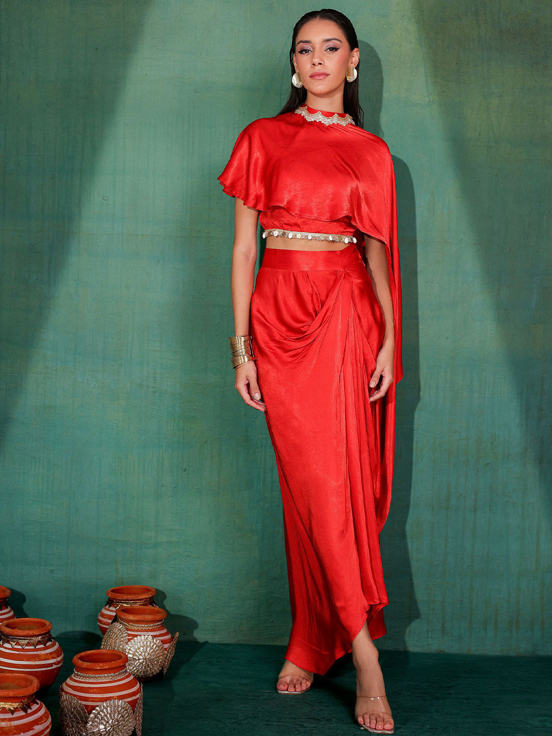 SEW High Neck Crop Top With Drape Skirt