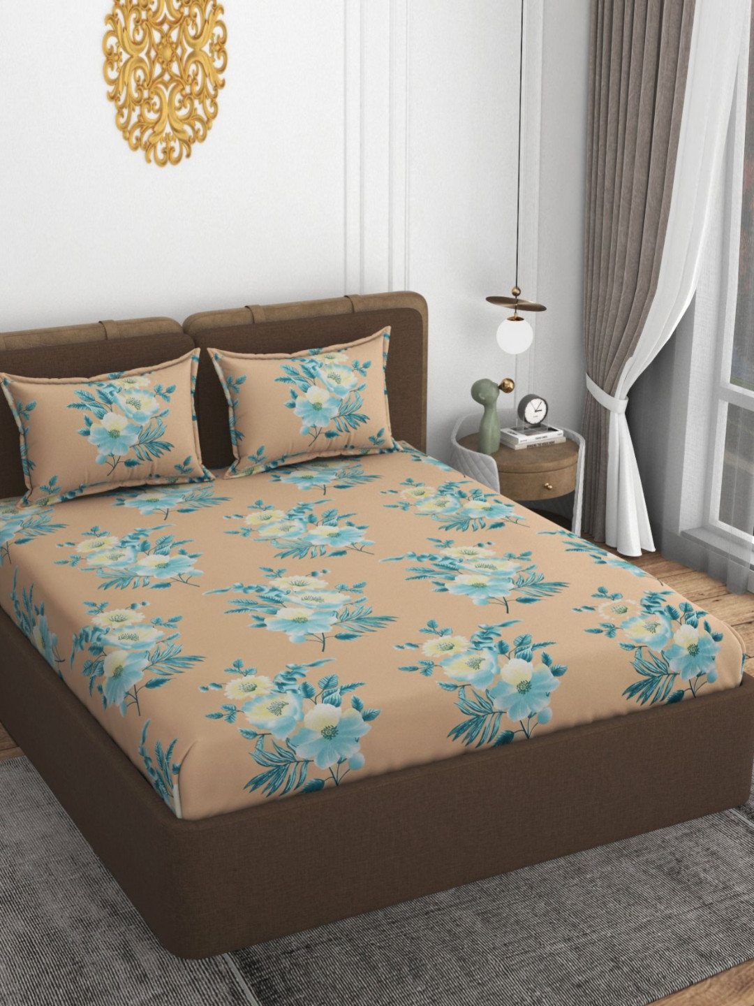 VOMZER Turquoise Blue Floral Cotton 210 TC Fitted King Superfine Bedsheet with 2 Pillow Covers-78 x 72 inches