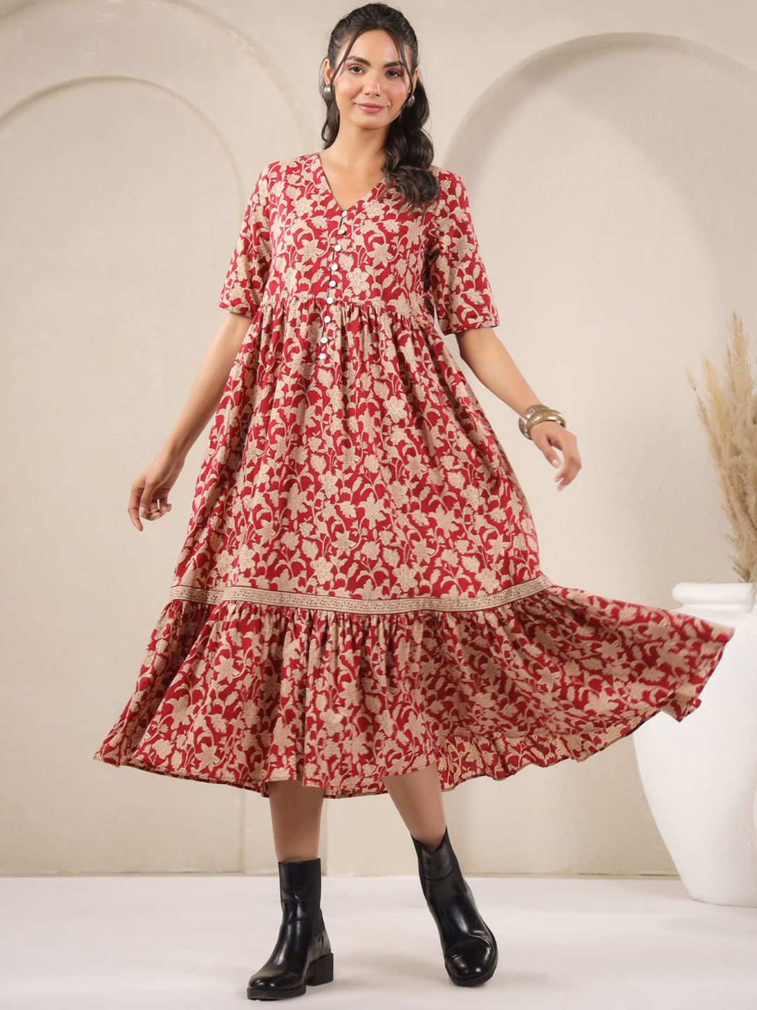 Jaipur Morni Floral Print V-Neck Cotton Fit & Flare Maxi Dress