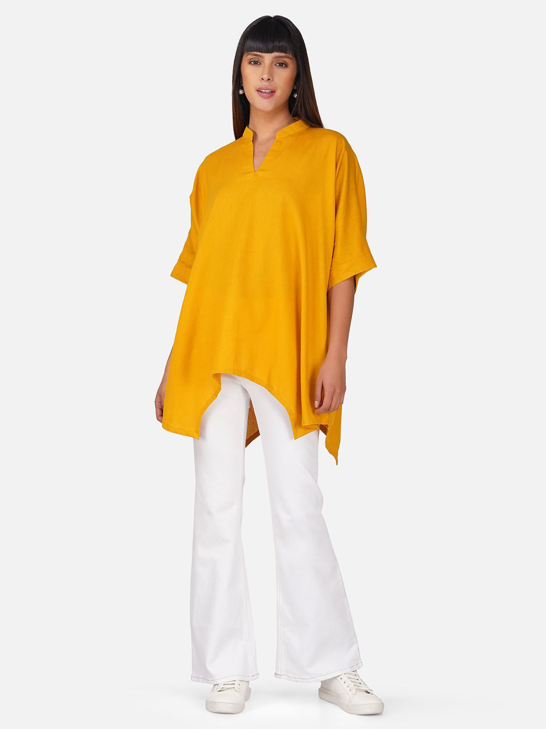 EARTHY TWEENS Women Solid Yellow Cotton Slub Top