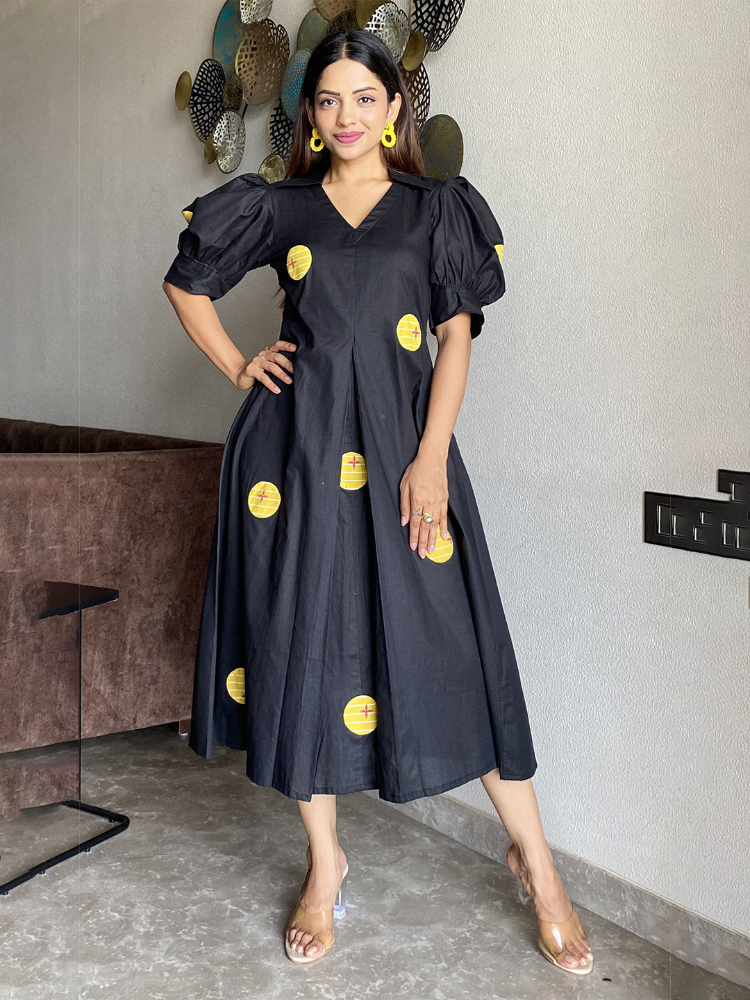 FFI Women Polka Dot Cotton A-Line Midi Dress