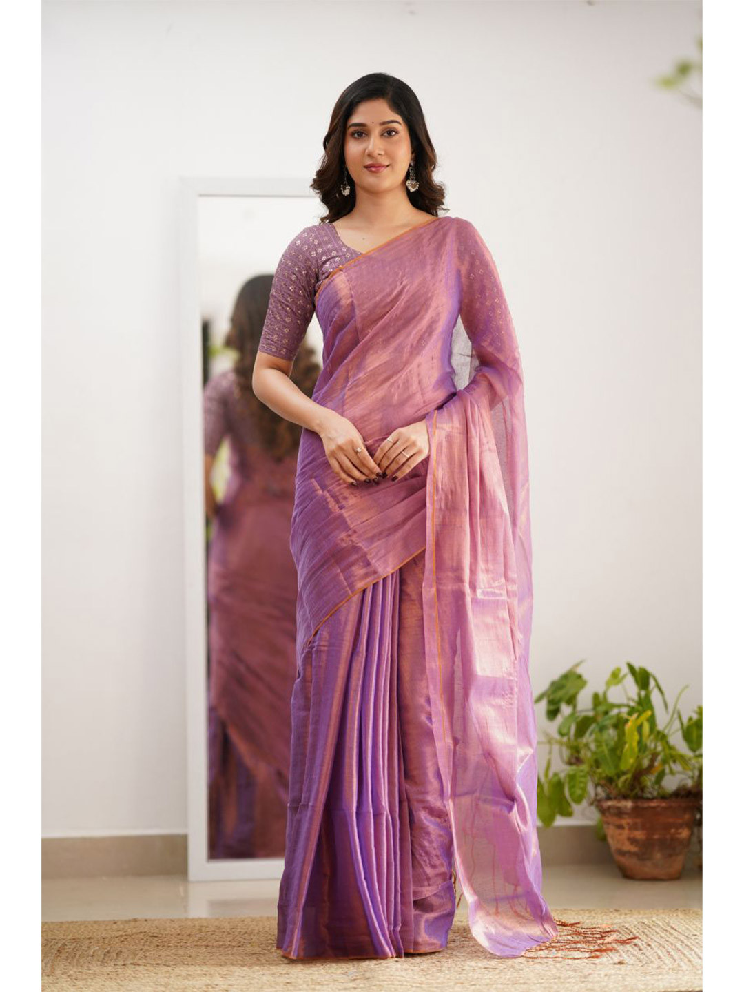 Sutisancha Blush Pink Handloom Tissue Saree With Designer Blouse