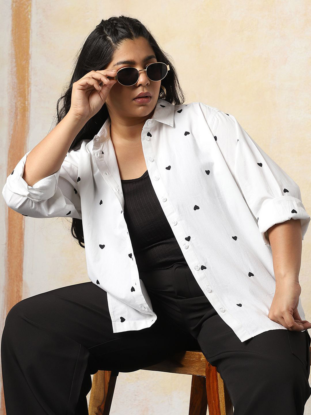 Freeform by High Star Women Plus Size Oversized Fit Heart Embroidered Cotton Casual Shirt