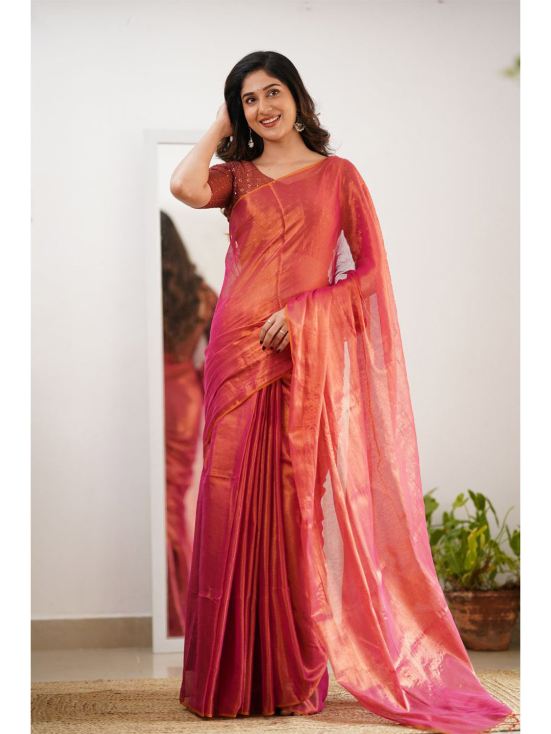 Sutisancha Peach Handloom Tissue Saree With Designer Blouse