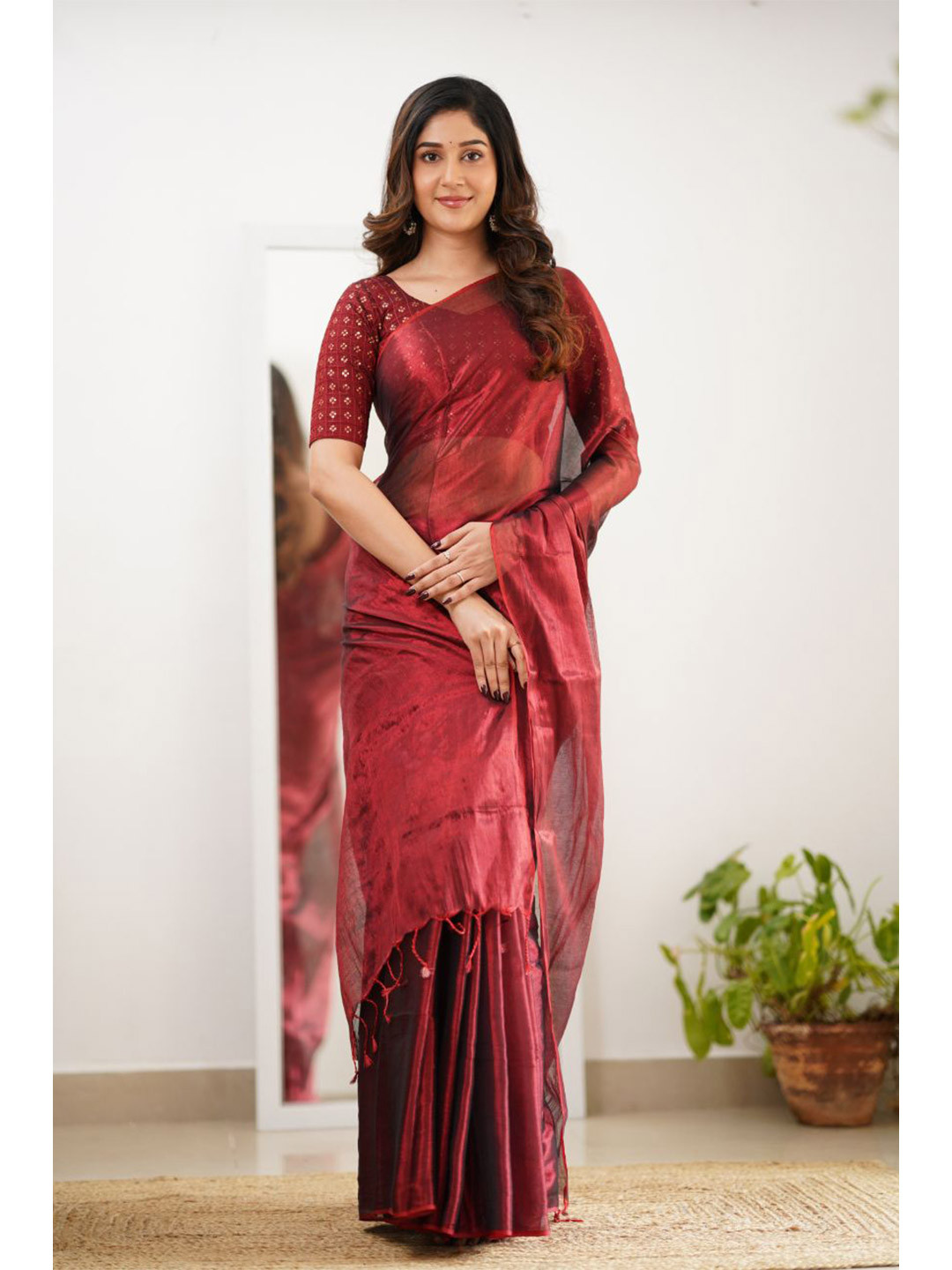 Sutisancha Maroon Handloom Tissue Saree With Designer Blouse