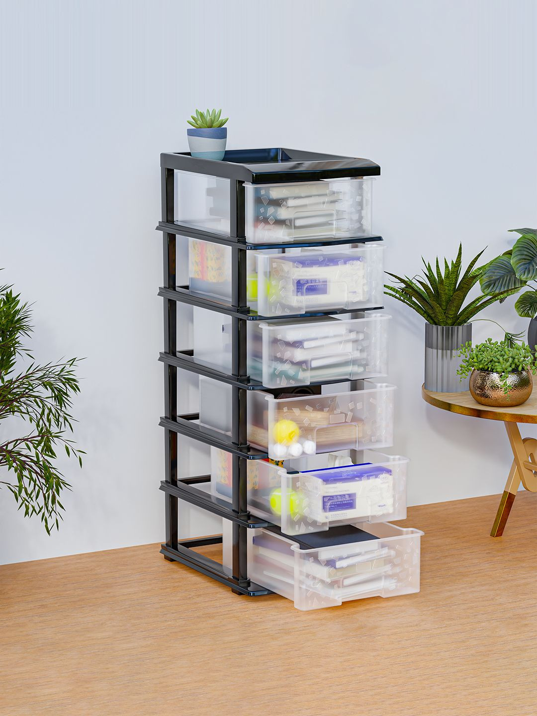 Kuber Industries Transparent 6-Layer Collapsible Multipurpose Plastic Drawers Organizer