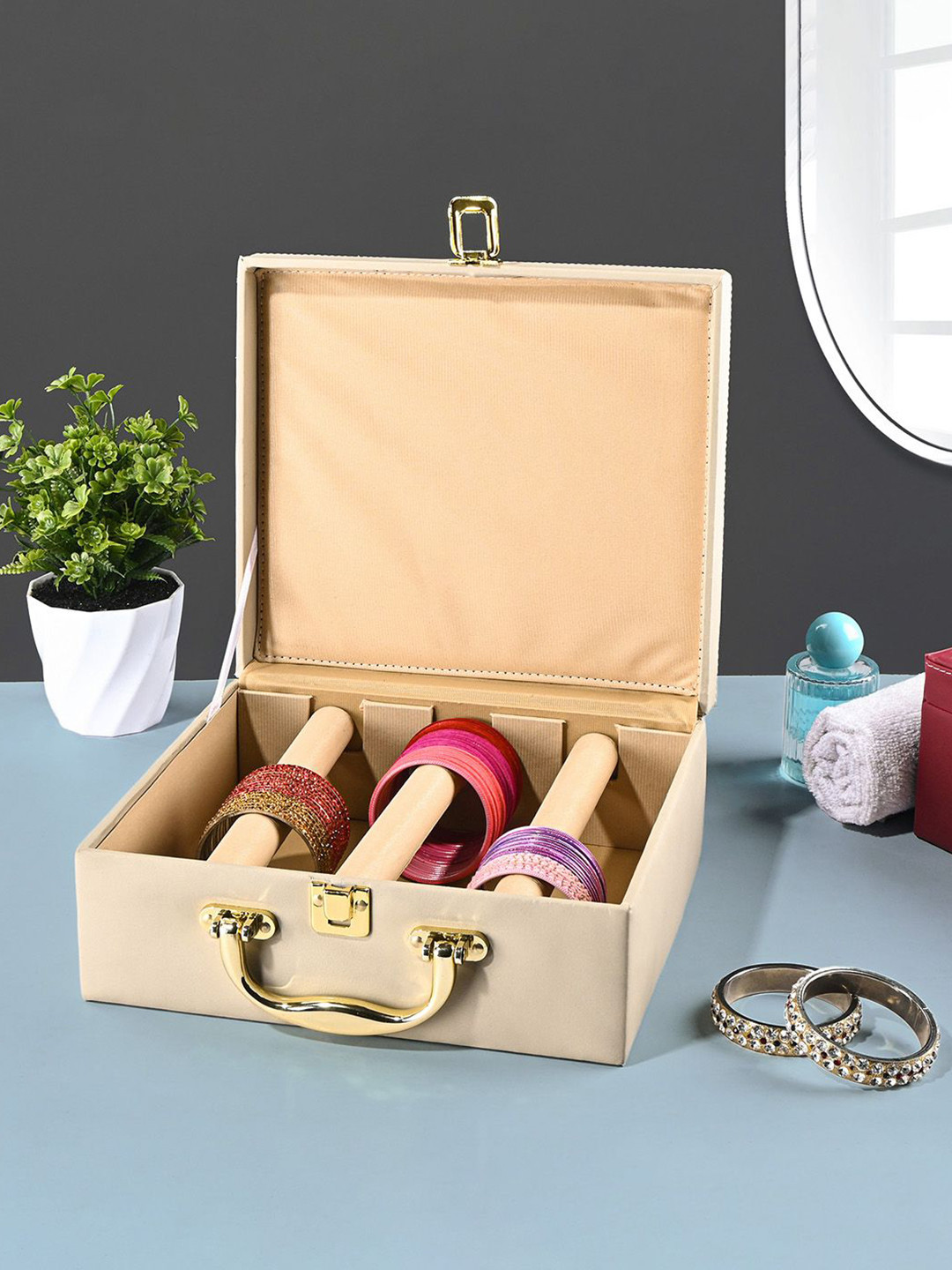Kuber Industries 3 Rod Premium Faux Leather Bangles Box with Handle | Beige