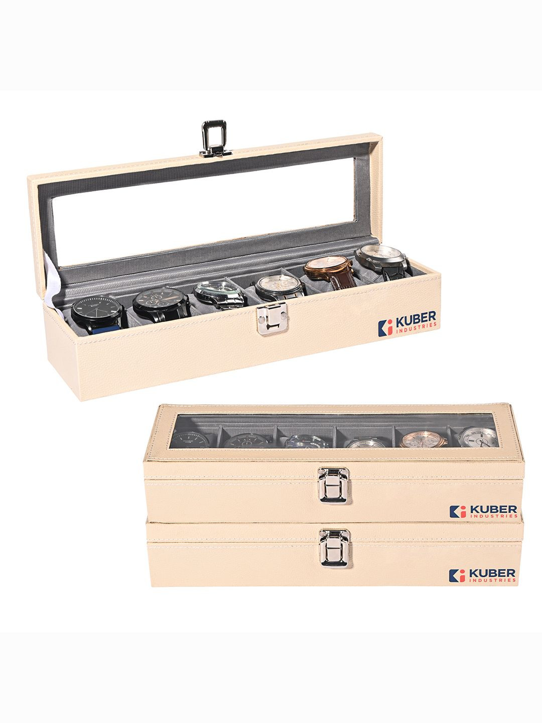 Kuber Industries 3 Pieces Cream-Colored & Grey Faux Leather 6 Slots Wrist Watch Organisers