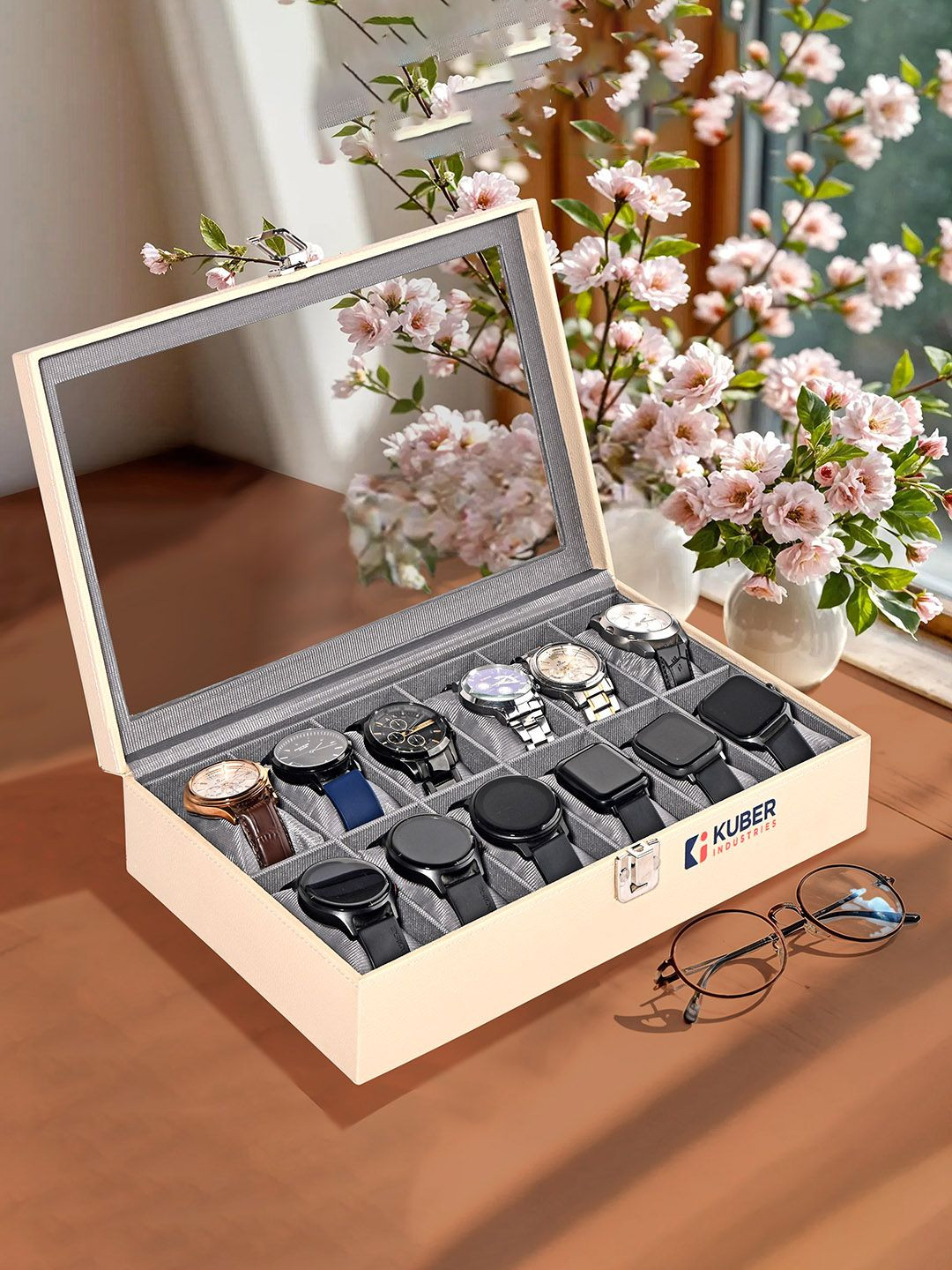 Kuber Industries 12 Slots Cream & Grey Faux Leather Wrist watch organizer storage box