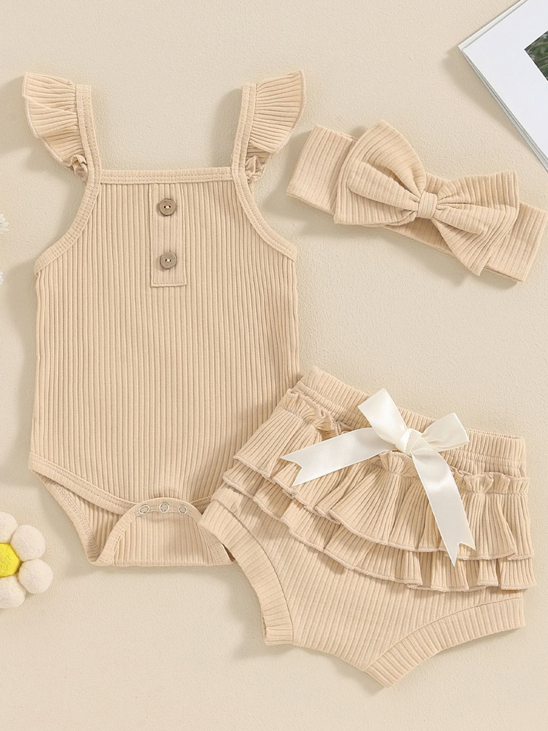 LULU & SKY Girls Square Neck Pure Cotton Top With Shorts & Head Bow