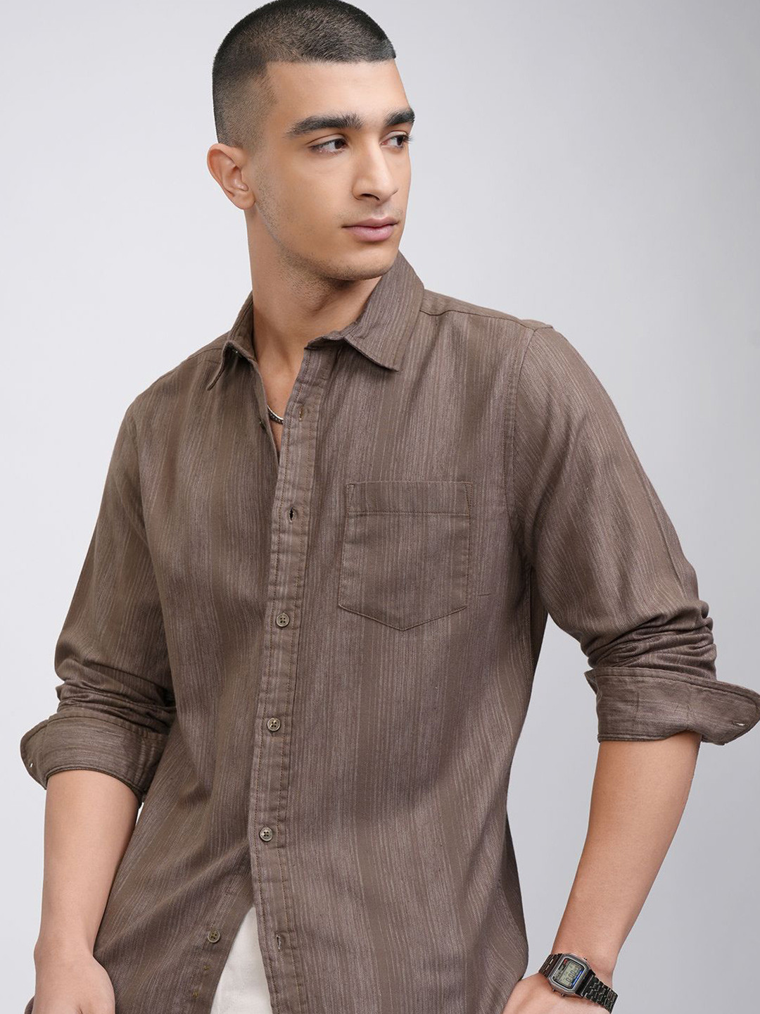 HIGHLANDER Men Textured Stripe Casual Regular Fit Shirt