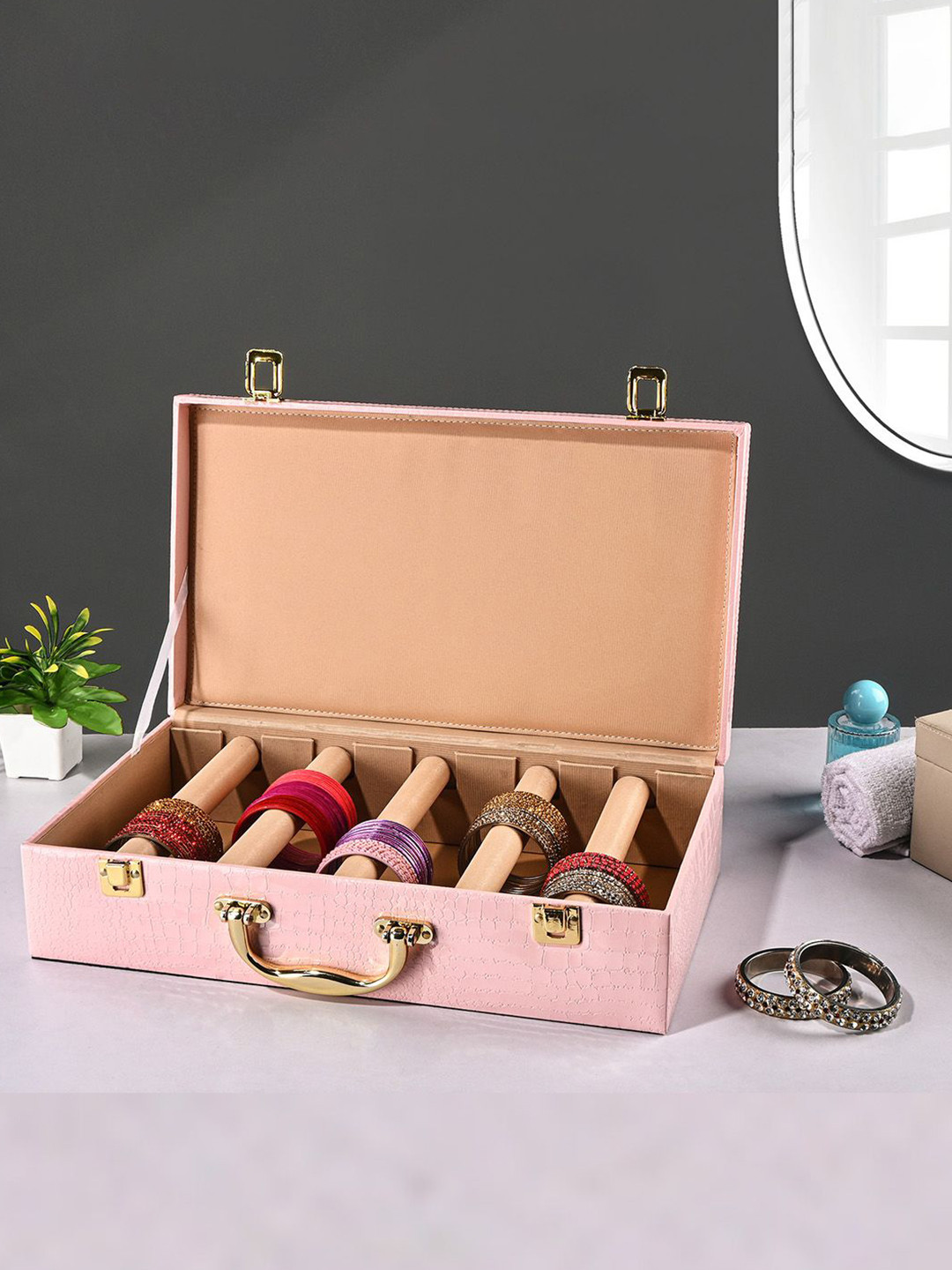 Kuber Industries Pink 2 Pieces Brand Logo Printed Faux Leather 5 Rod Bangle Box Organisers