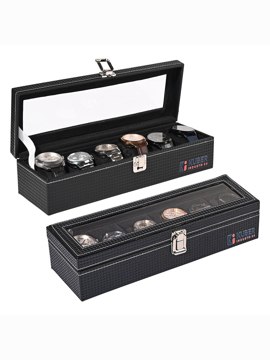 Kuber Industries Black 2Pc 6 Slot Premium Faux Leather Watch box Organiser for Men