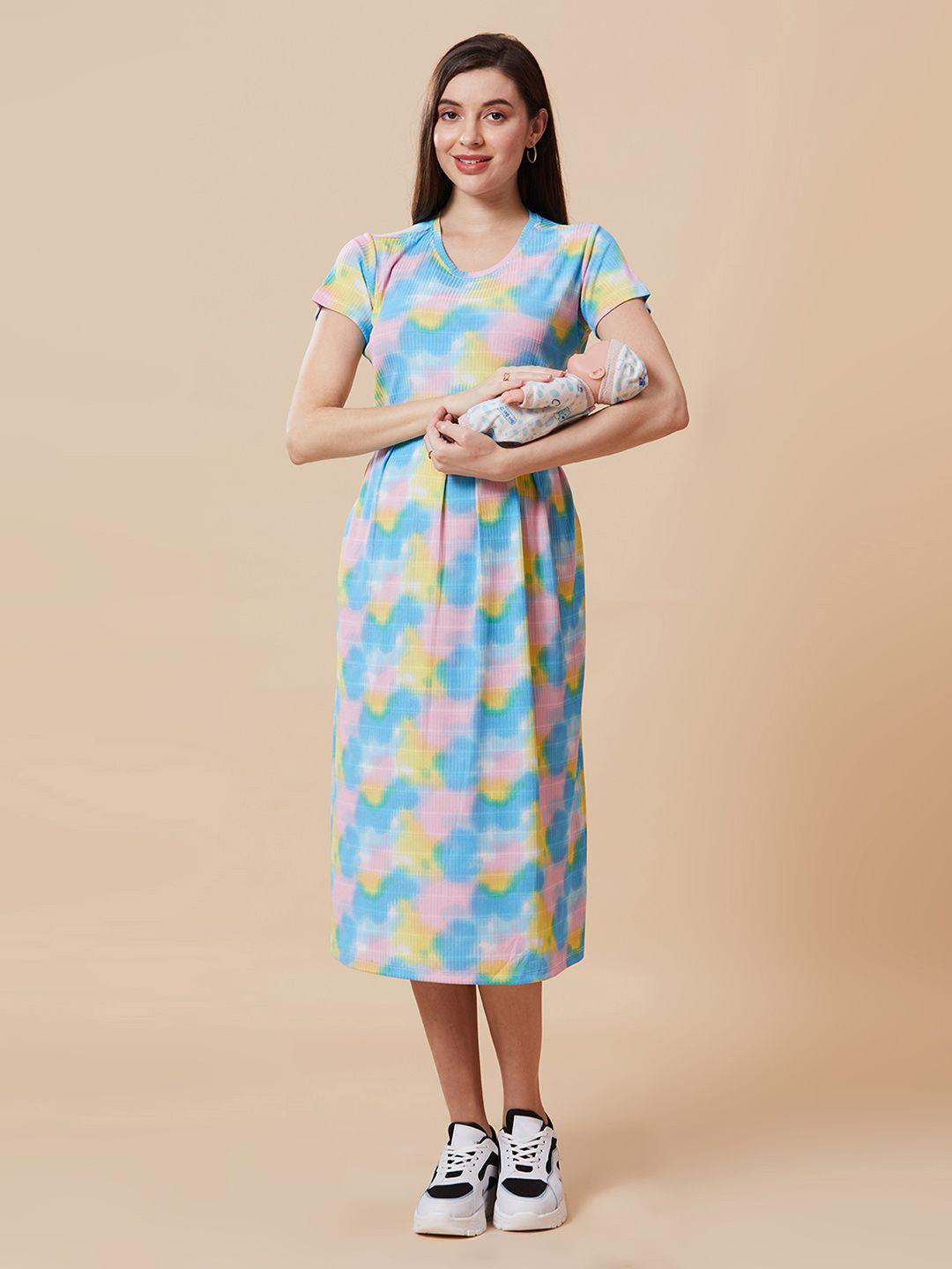 True Shape Printed Scoop Neck Maternity Fit and Flare Midi Dress