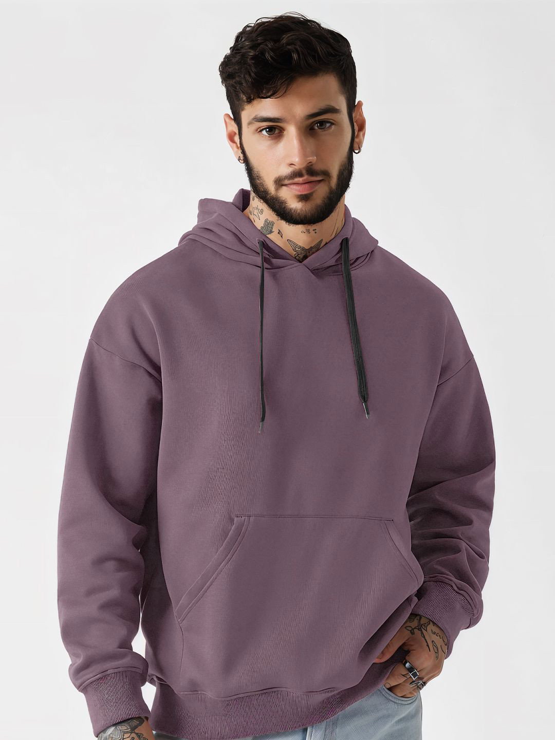 Crazymonk Men Plain Oversized Hoodie Dull Wine Sweatshirt