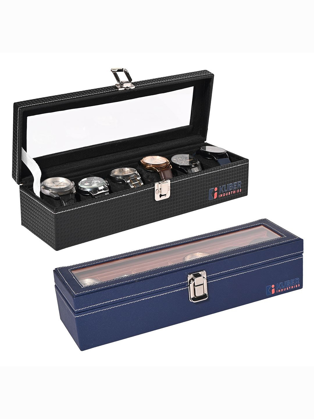 Kuber Industries 2 Pcs  6 Slots Black Faux Leather Men Wrist Watch Organisers watch box