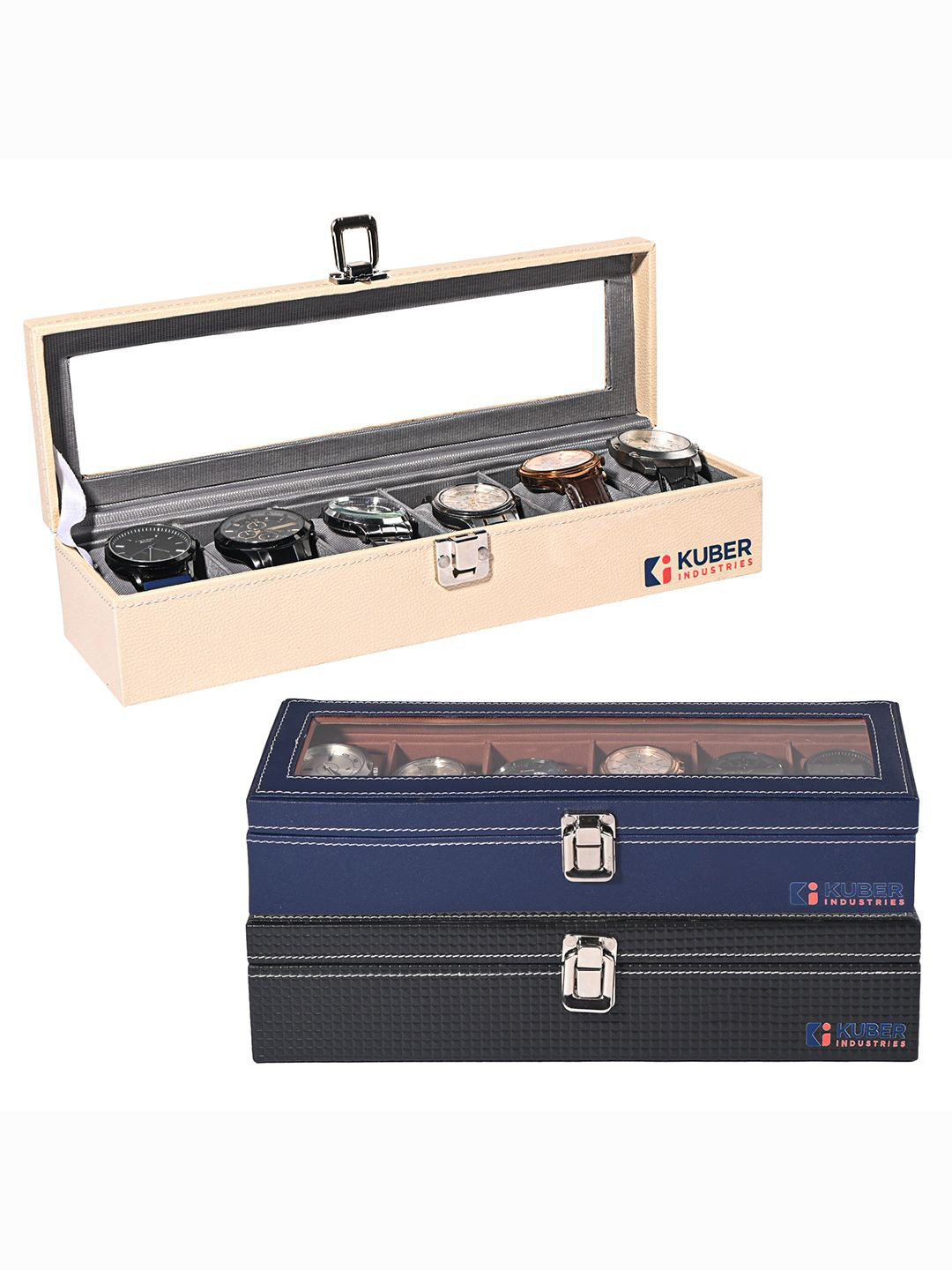 Kuber Industries Navy Blue 3Pc Premium Faux Leather 6 Slot Leather Mens Watch Organiser