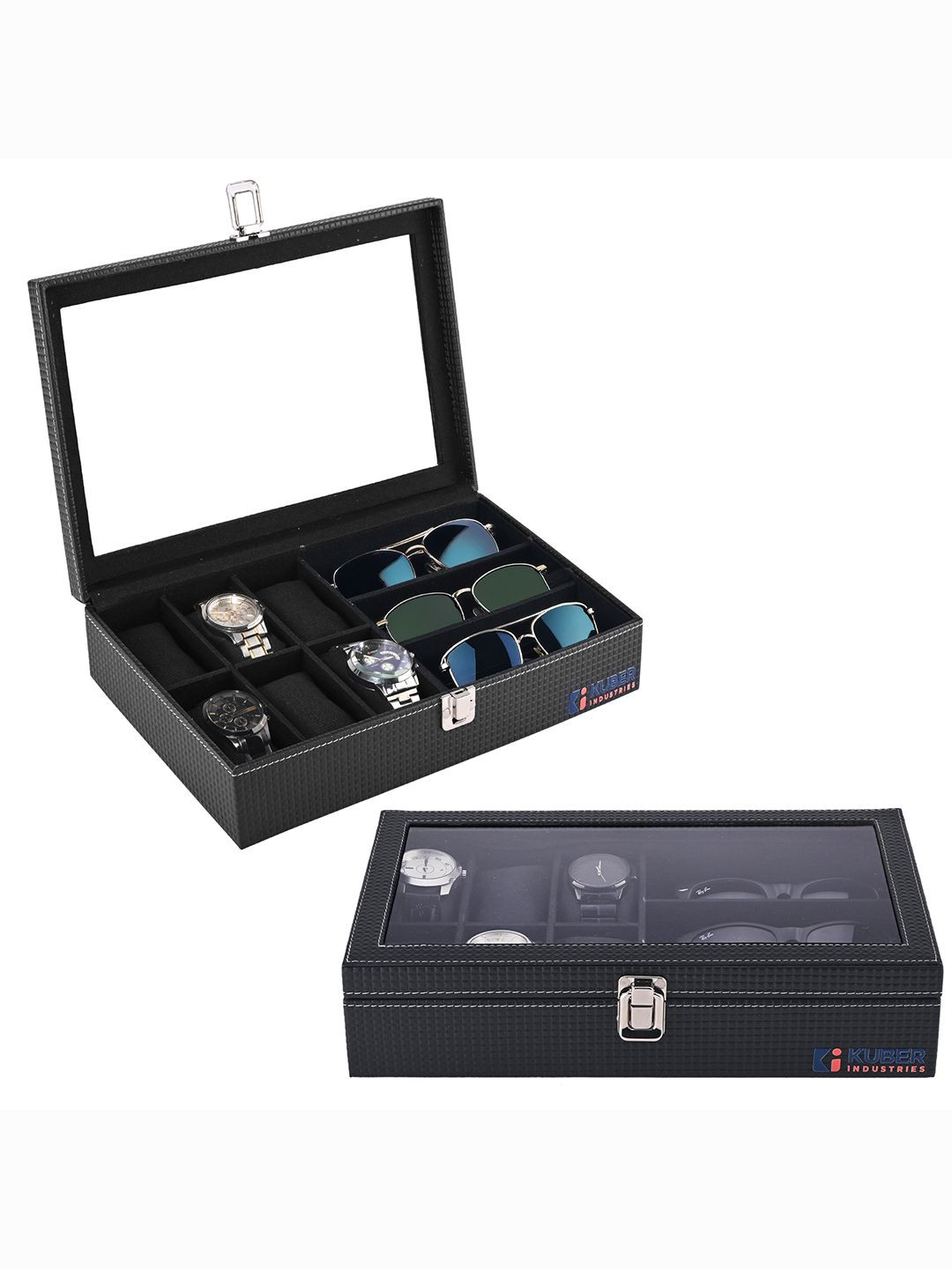 Kuber Industries Women Black Pack Of 2 Faux Leather 6+3 Slots Sunglasses Watch Box