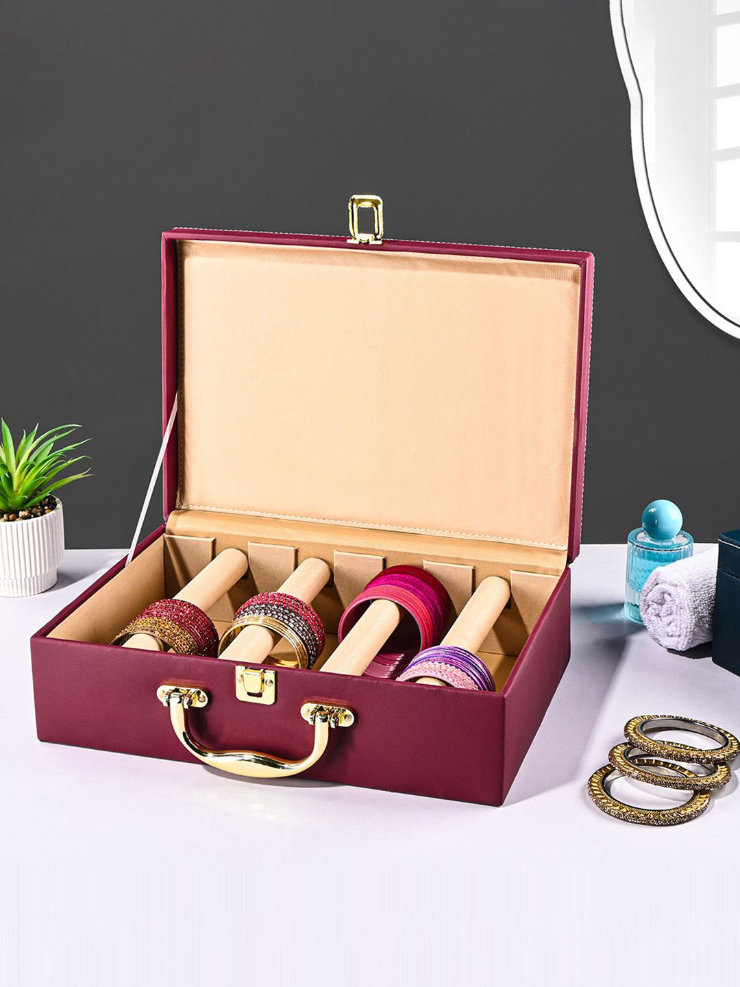 Kuber Industries Maroon Brand Logo Printed 4 Rod Bangle Box Jewellery Organisers