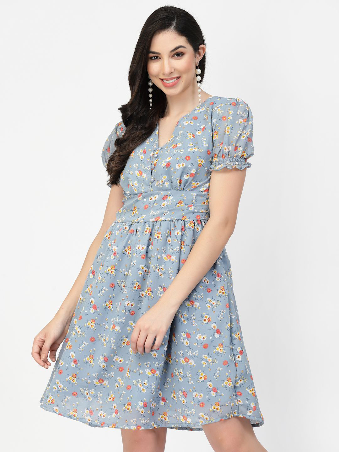 DELIS Floral Printed Puff Sleeve Georgette Fit & Flare Dress