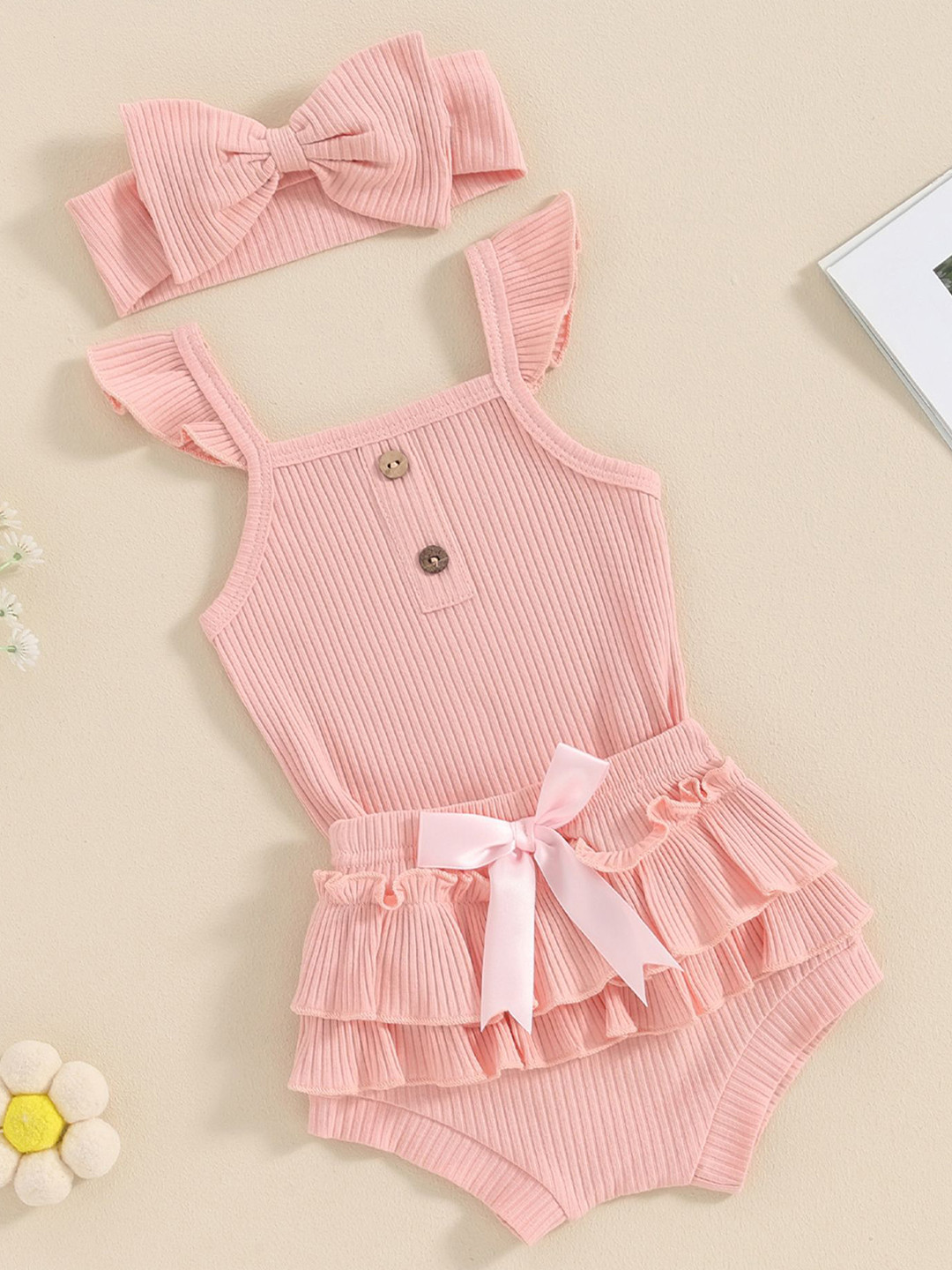 LULU & SKY Girls Square Neck Pure Cotton Top With Shorts & Head Bow