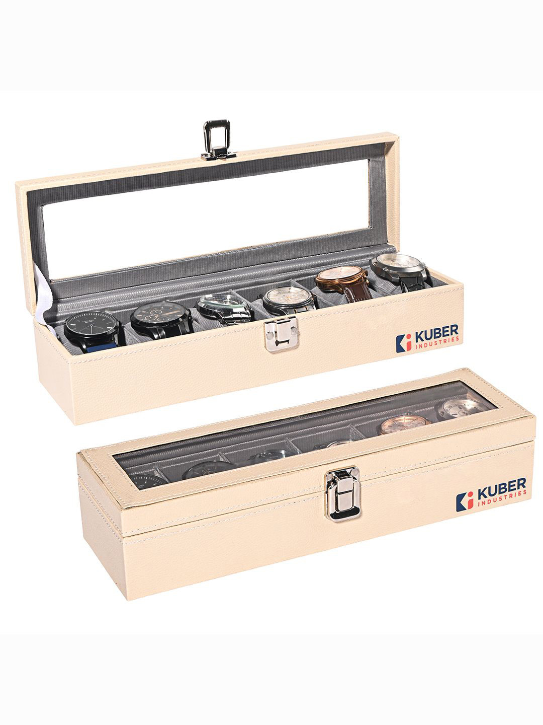 Kuber Industries Men Pack Of 2 Cream Faux Leather 6 Slots Watch Box Organiser