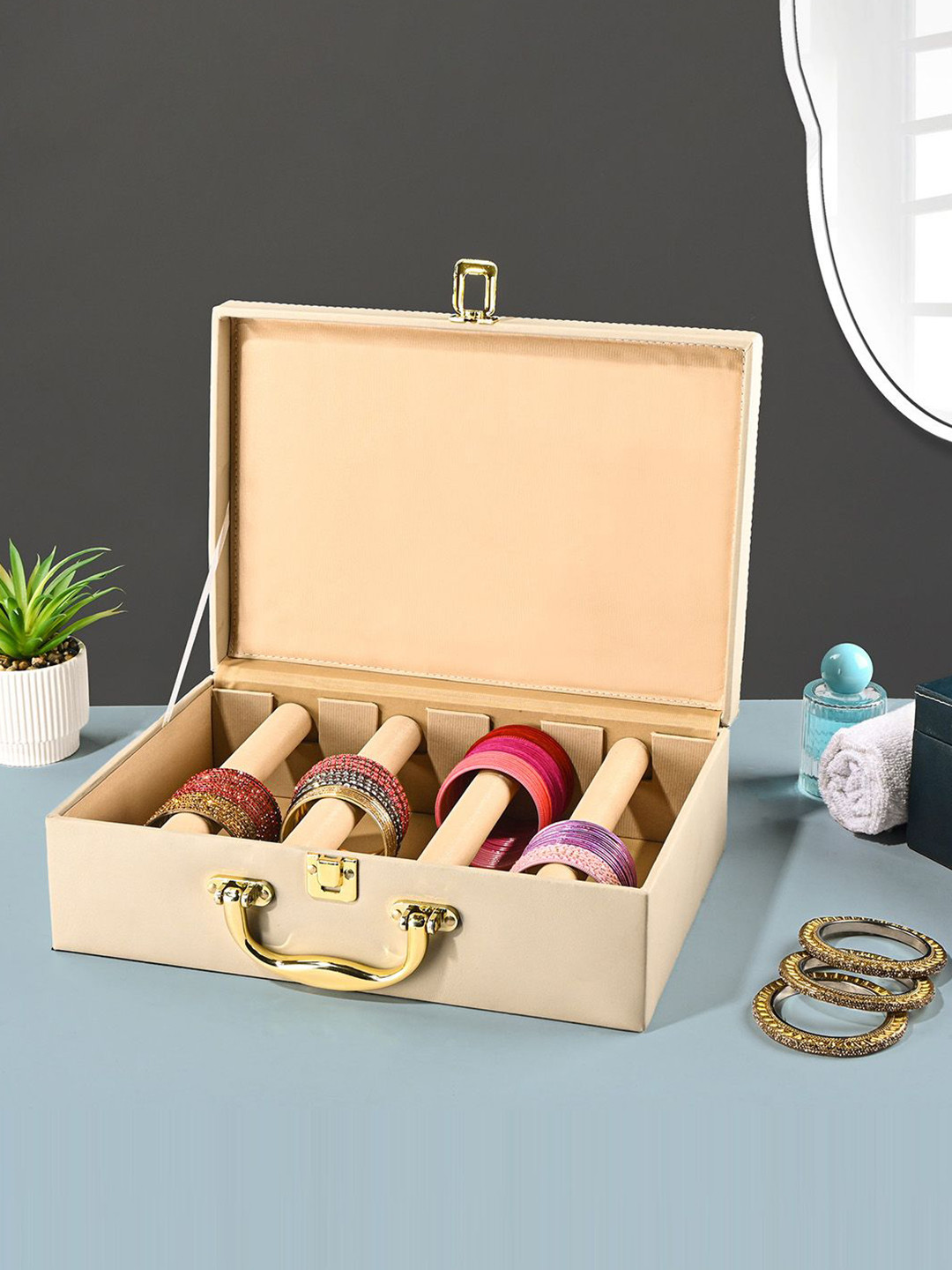 Kuber Industries Beige Brand Logo Printed Faux Leather 4 Rod BangleBox Jewellery Organiser