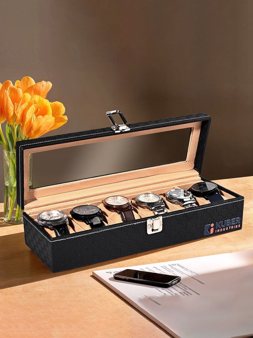 Kuber Industries Black and Gold-Toned Faux Leather 6 Slots Wrist Watch Organiser Box