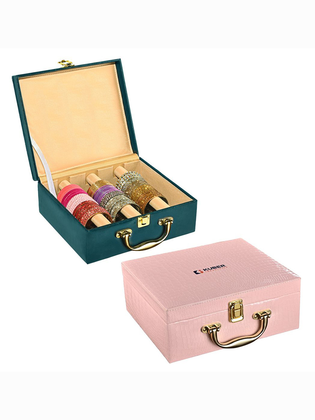 Kuber Industries Teal and Pink Set of 2 Faux Leather Bangle Box Jewellery Organiser