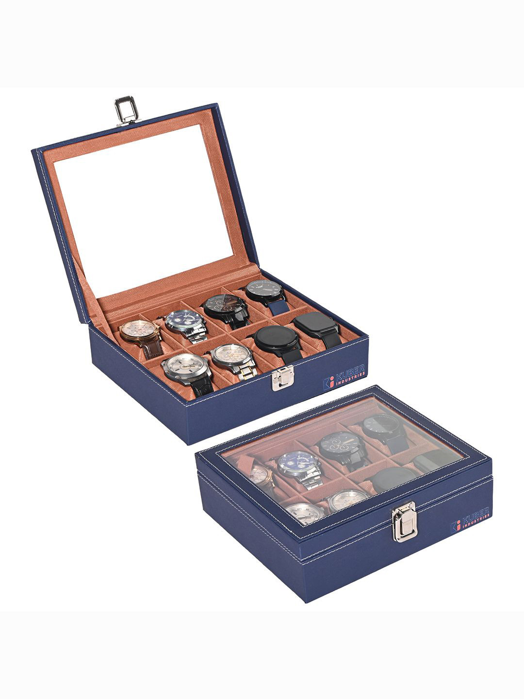 Kuber Industries pack of 2 navy blue Faux Leather 8 Slots watch organiser box for women