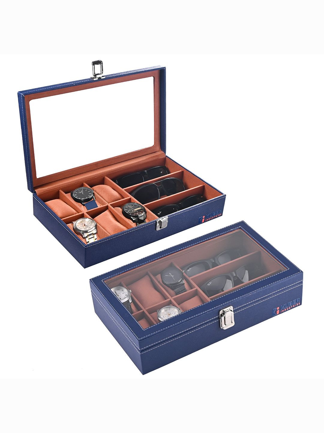 Kuber Industries Pack Of 2 Faux Leather 6+3 Slots Leather Watch Case Organizer Box