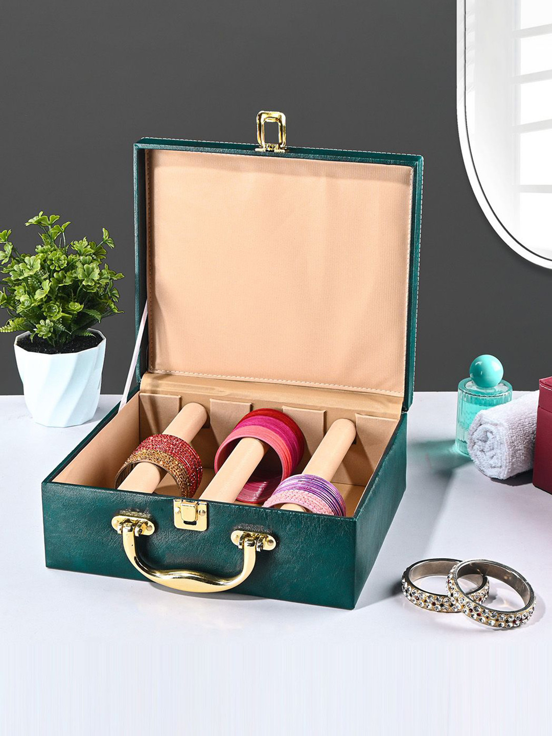 Kuber Industries Teal and Beige Faux Leather 3 Rod Bangle Box Jewellery Organiser