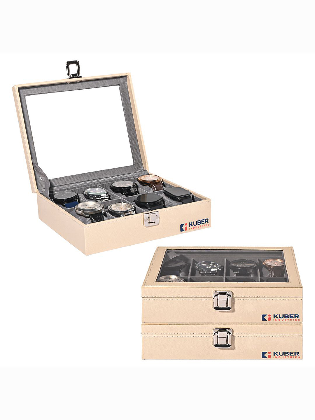 Kuber Industries Pack of 3 Cream Faux Leather 8 Slots Men Watch Box Organiser Storage