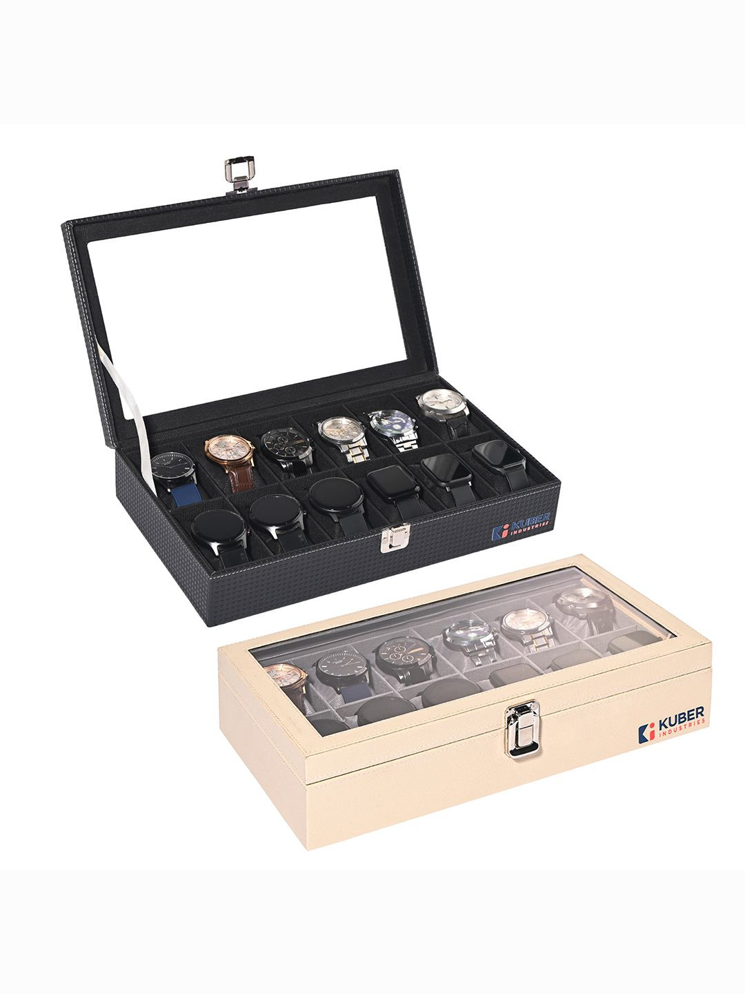Kuber Industries Pack of 2 Black Beige Faux Leather 12 Slots Watch Organiser for Women