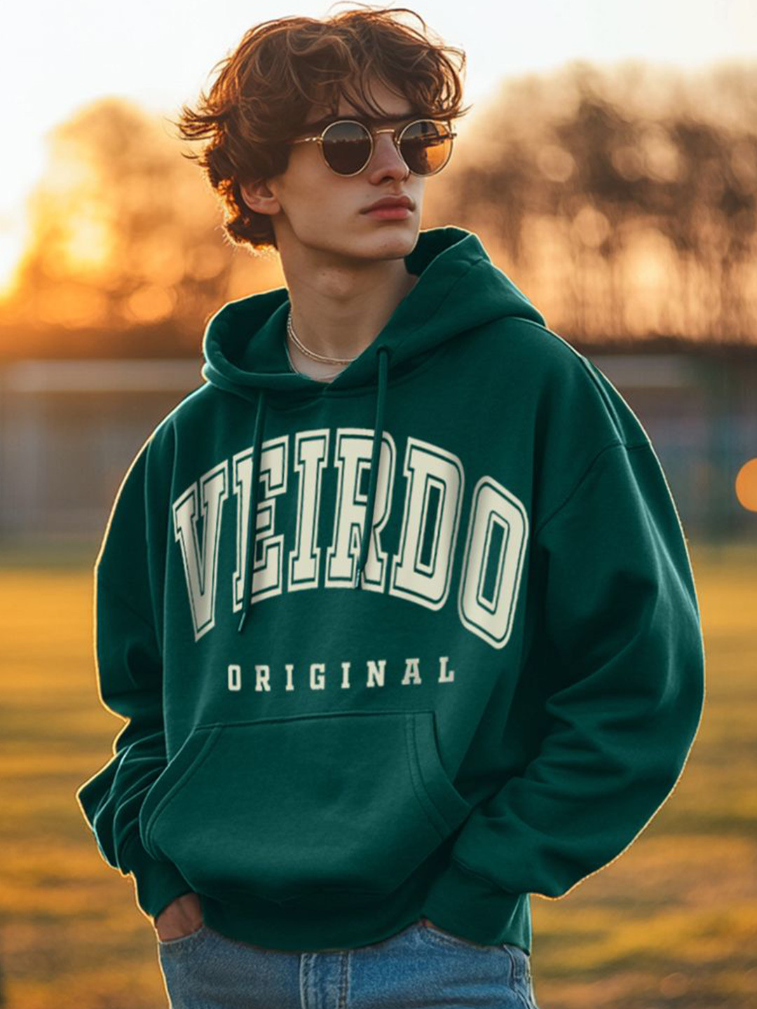 VEIRDO Men Green Typographic Print Cotton Fleece Oversized Hooded Pullover Sweatshirt