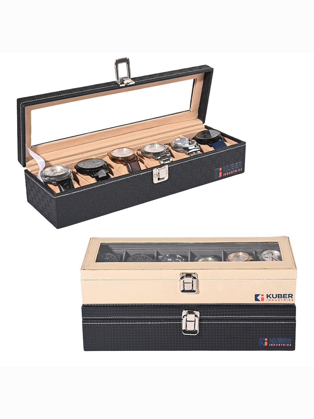 Kuber Industries pack of 3 Premium Faux Leather 6 Slot leather mens watch organiser