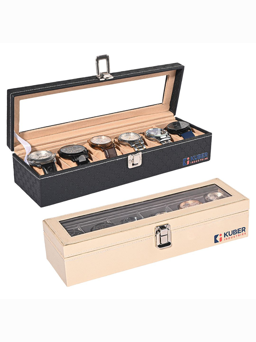 Kuber Industries Men Beige Pack Of 2 Faux Leather 6 Slot Leather Watch Organiser Box