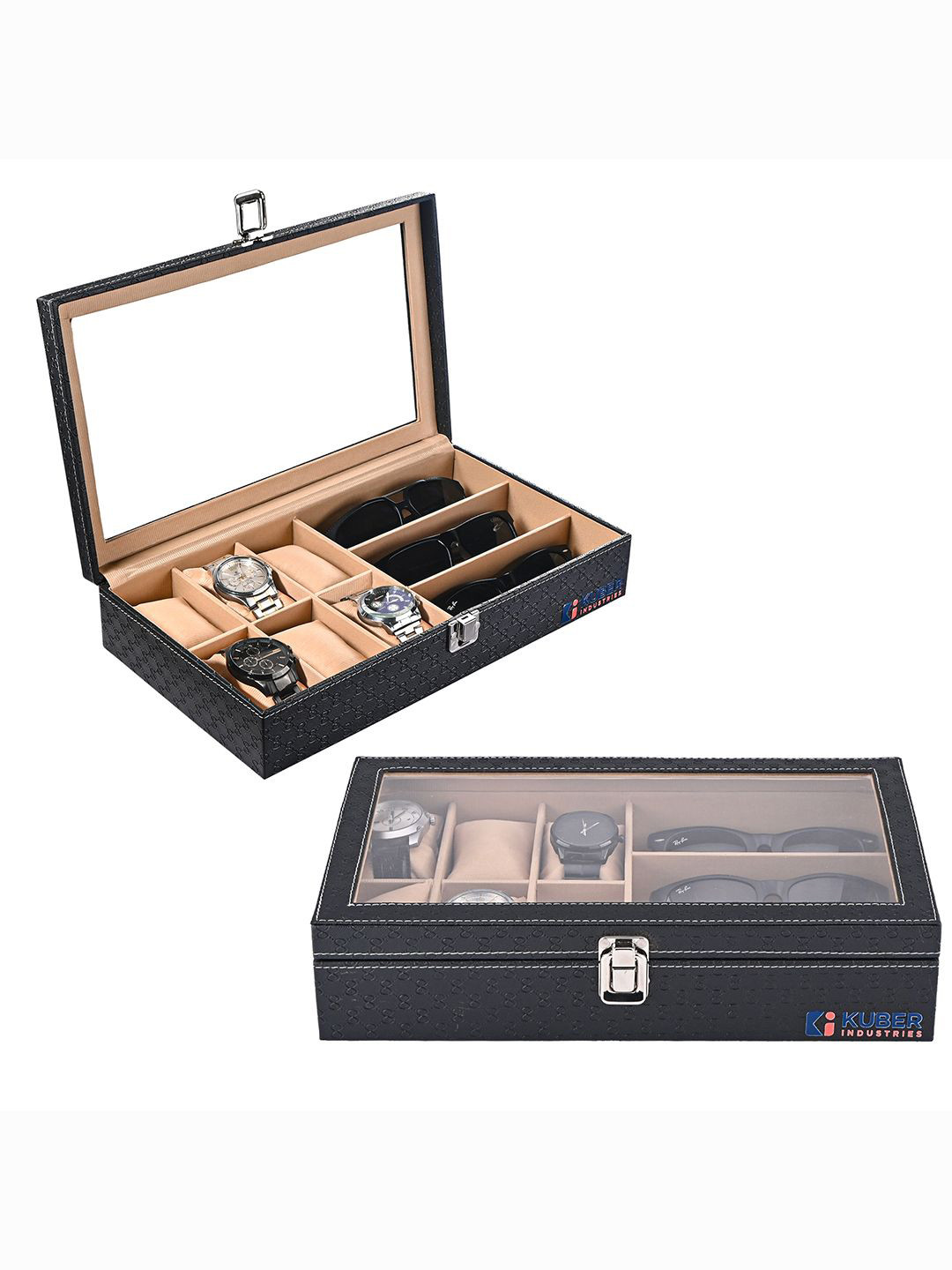 Kuber Industries Black 2 Pieces Premium Faux Leather 6+3 Slot Watch Organiser Box