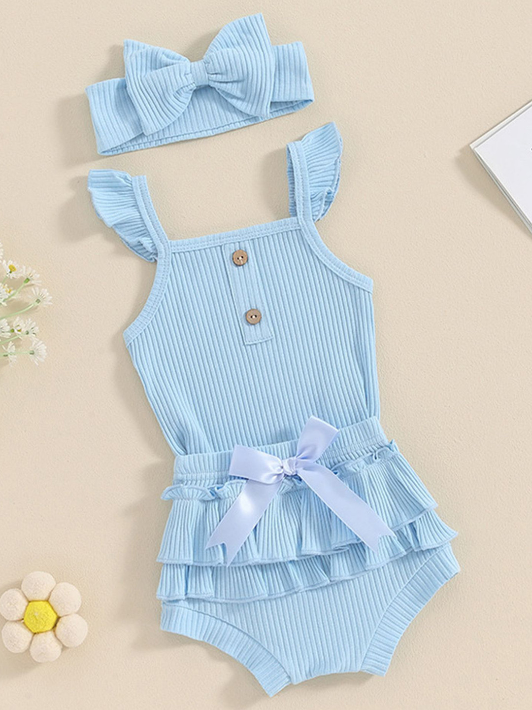 LULU & SKY Girls Square Neck Pure Cotton Top With Shorts & Head Bow