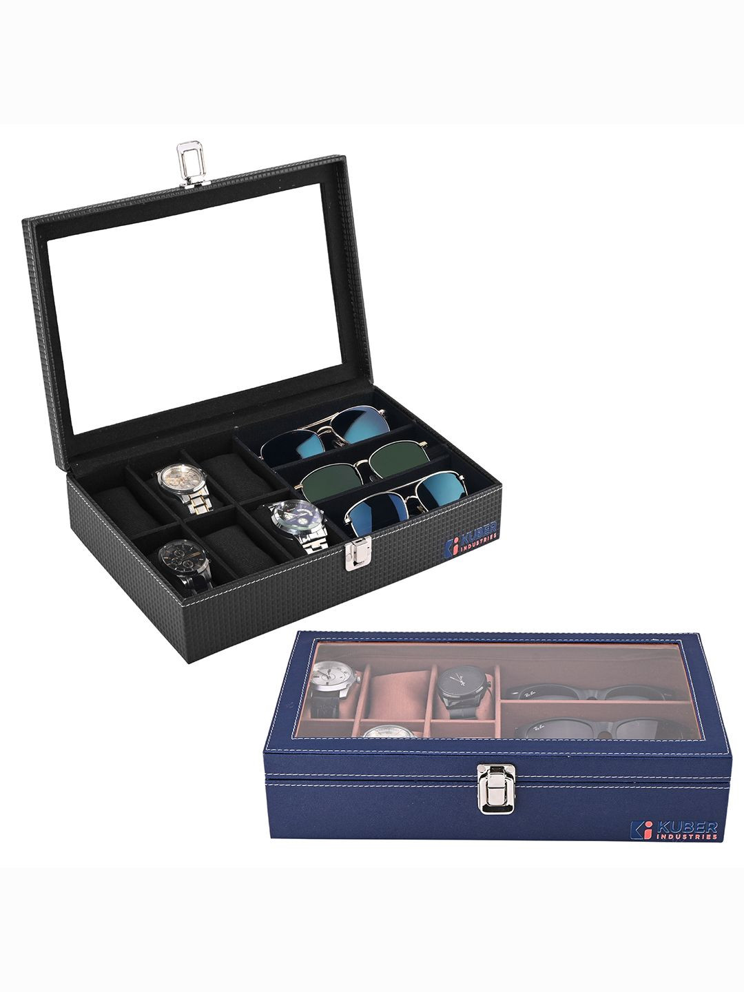 Kuber Industries 2 Pieces Premium Faux Leather 6+3 Slots sunglasses watch organiser box