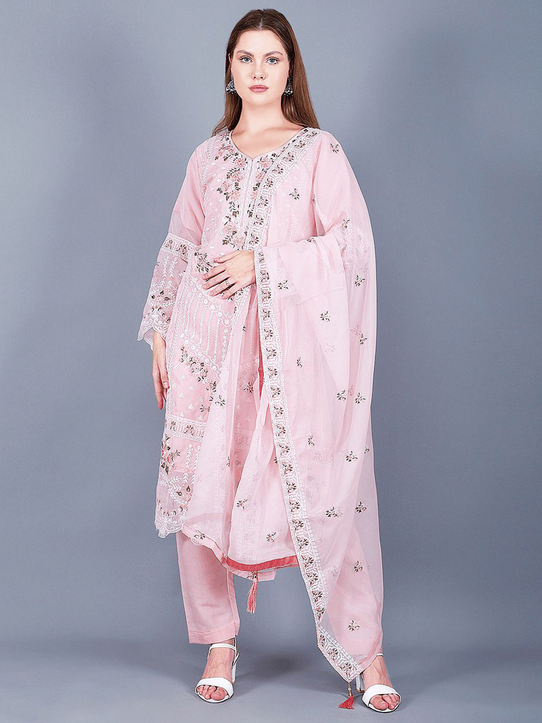 Sufiana Floral Embroidered Georgette A-Line Midi Dress