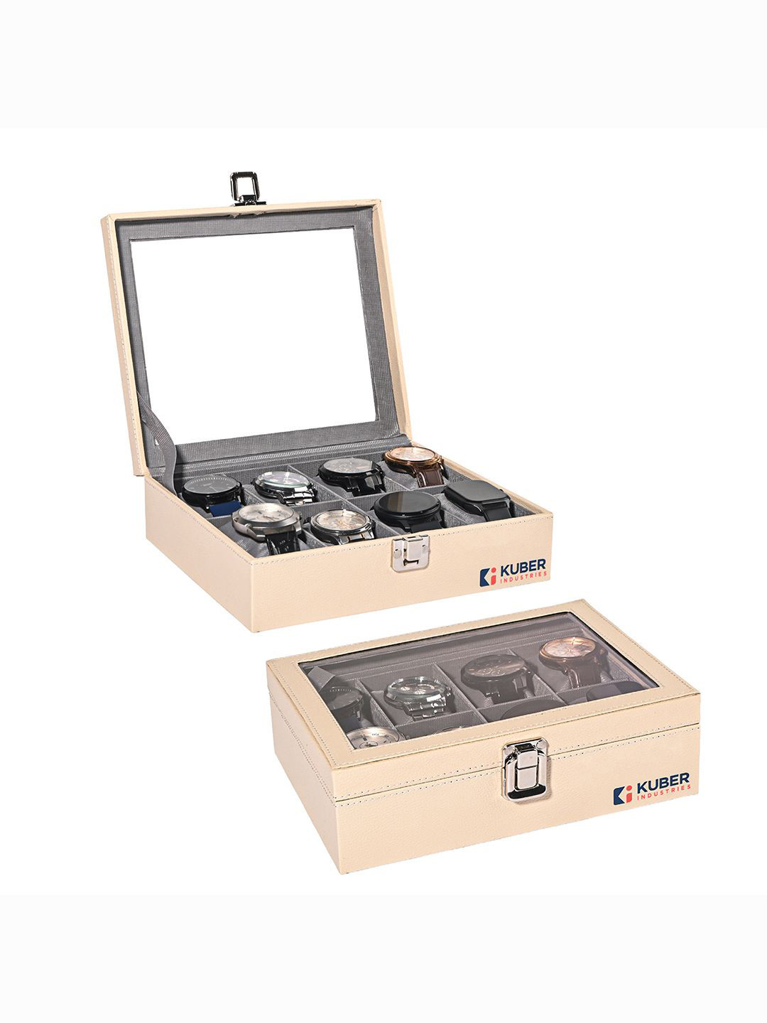 Kuber Industries Men Pack of 2 Cream Faux Leather 8 Slots Wrist Watch Organiser Storage