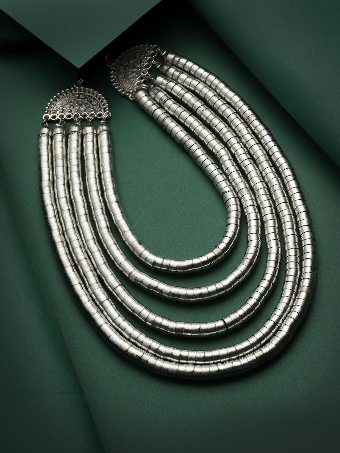 Moedbuille Silver-Plated Layered Antique Tribal Design Oxidised Statement Necklace