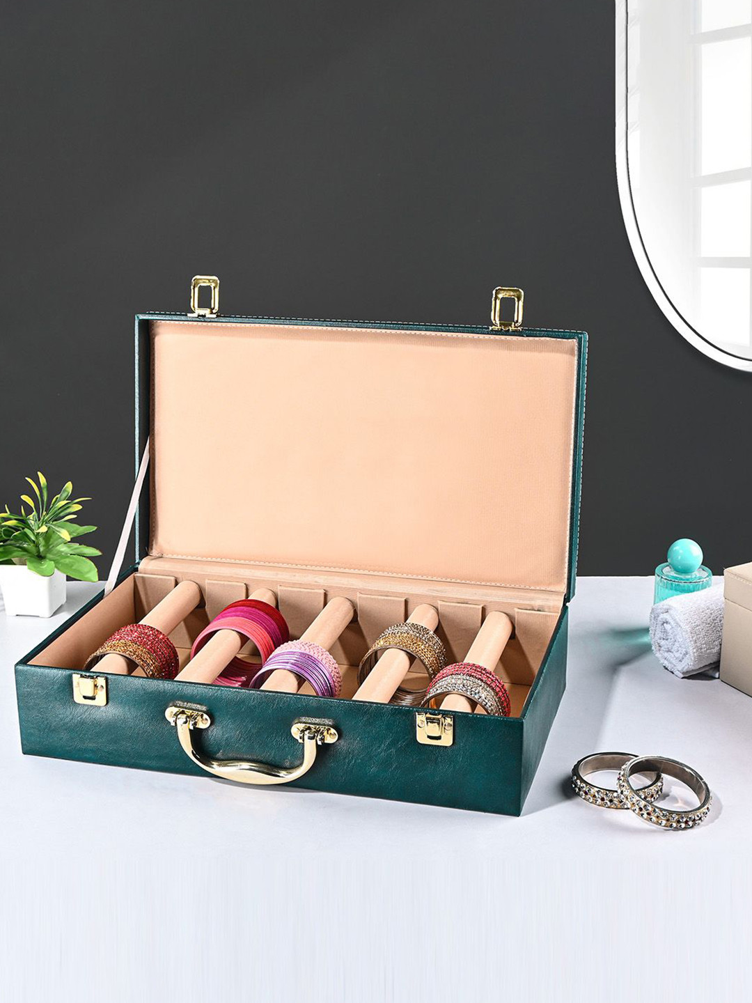 Kuber Industries Teal and Beige Set of 2 Faux Leather Bangle Box Jewellery Organiser