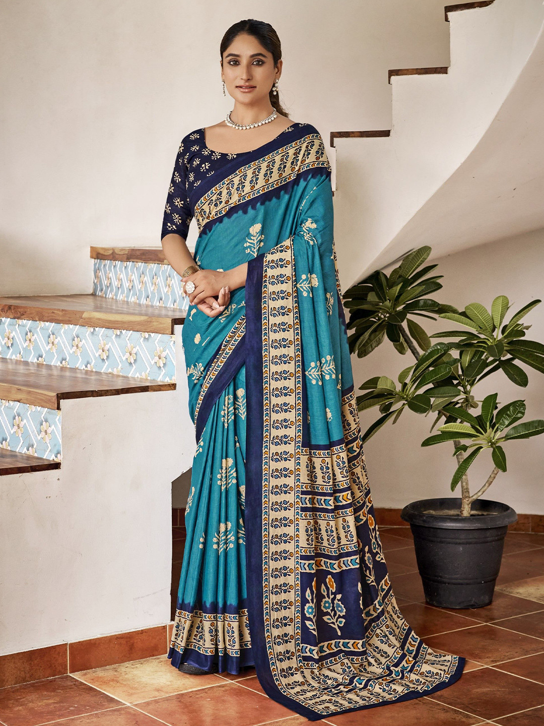 RV CREATION Floral Pure Cotton Designer Bagru Saree