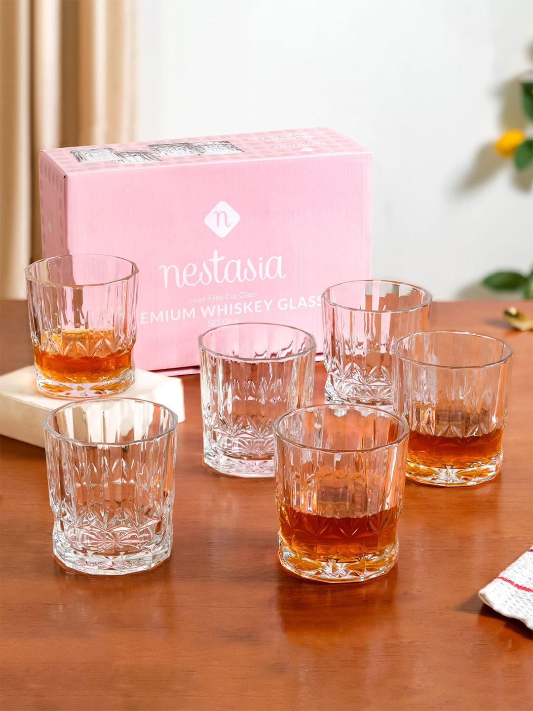 Nestasia Transparent 6 Pieces Embossed Heavy Base Whiskey Glass 350 ml each