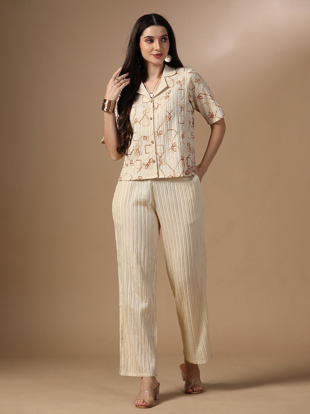 Moda Rapido Beige Embroidered Shirt Collar Shirt With Trouser